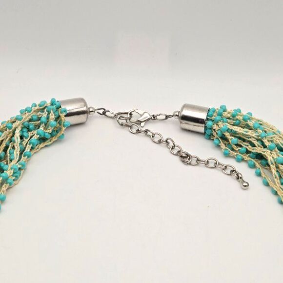 Hand Crafted Multi-Strand Delicate Crocheted Turquoise Blue Seed Bead Necklace - Picture 3 of 5
